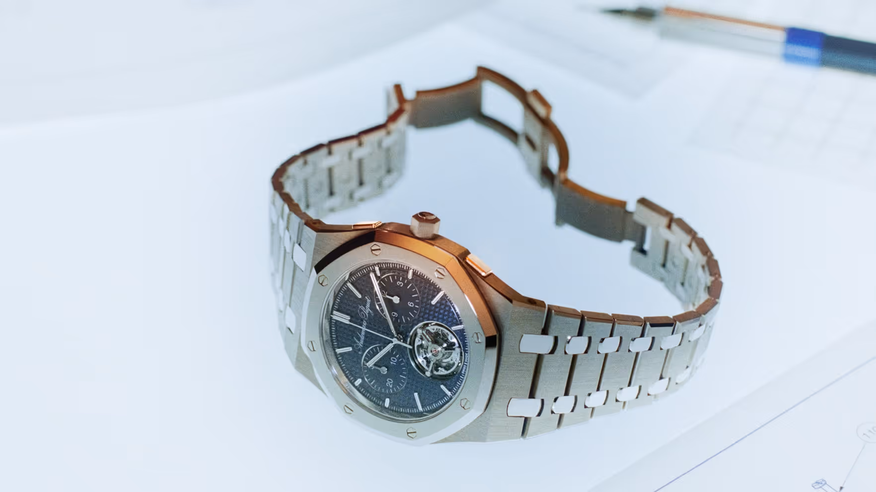 Audemars Piguet RD#5 case flank showing integrated chronograph actuators instead of traditional pushers.