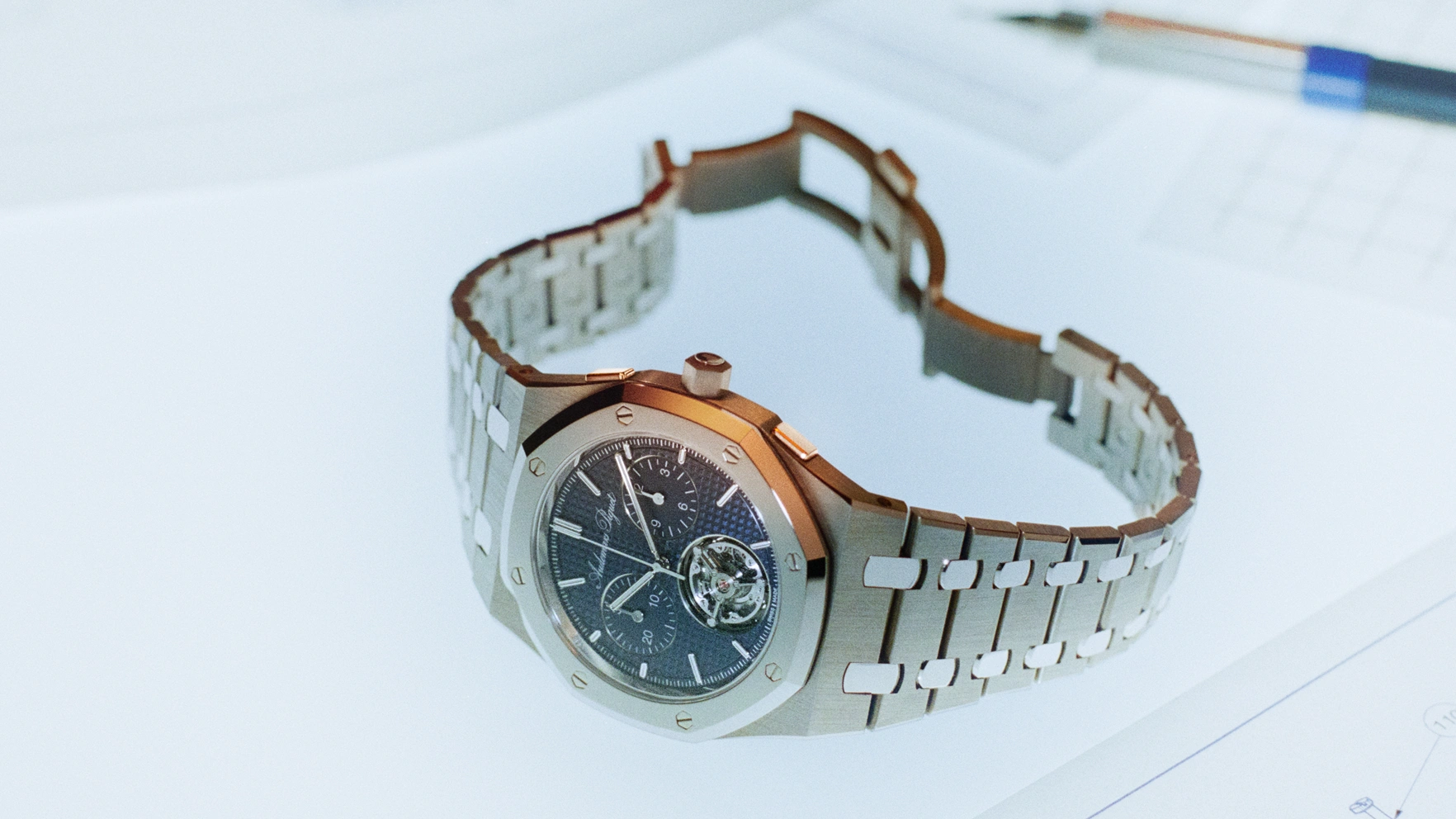 Audemars Piguet RD#5 case flank showing integrated chronograph actuators instead of traditional pushers.