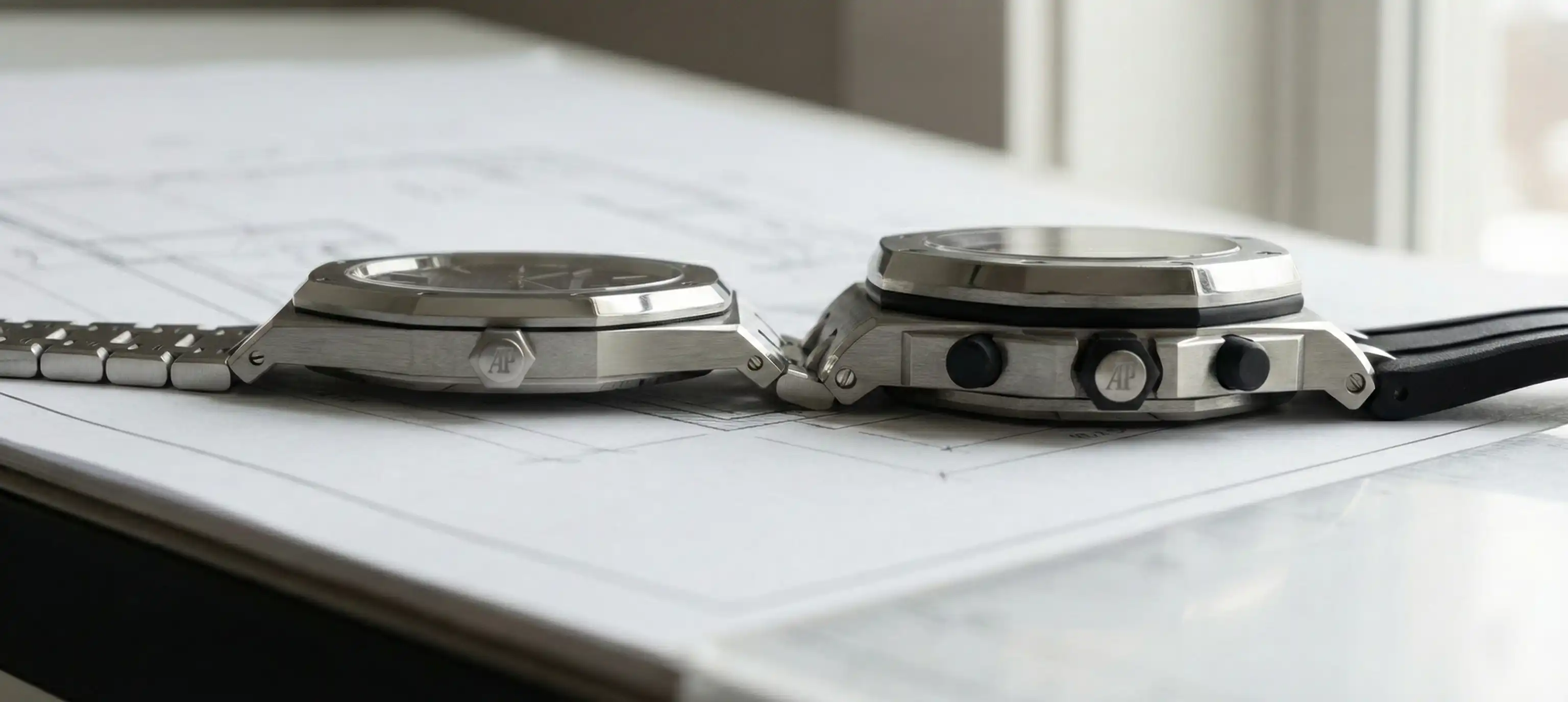 Side profile comparison showing the slim 10.4mm case of the Royal Oak Selfwinding versus the robust 14.4mm case and rubber pushers of the Royal Oak Offshore.