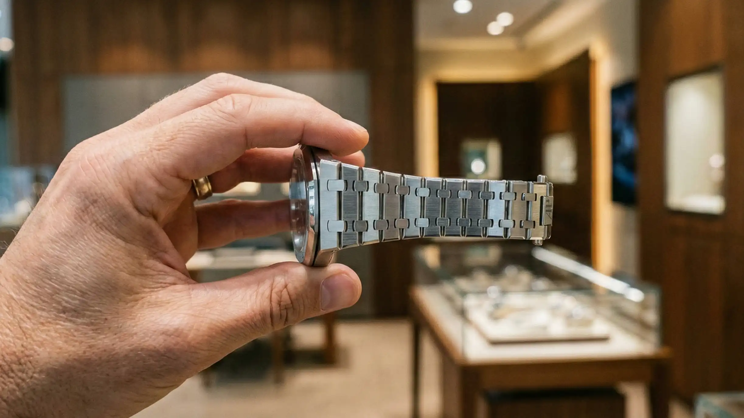 A vintage Audemars Piguet Royal Oak held horizontally to demonstrate a tight bracelet with minimal drooping, a key indicator of excellent condition.