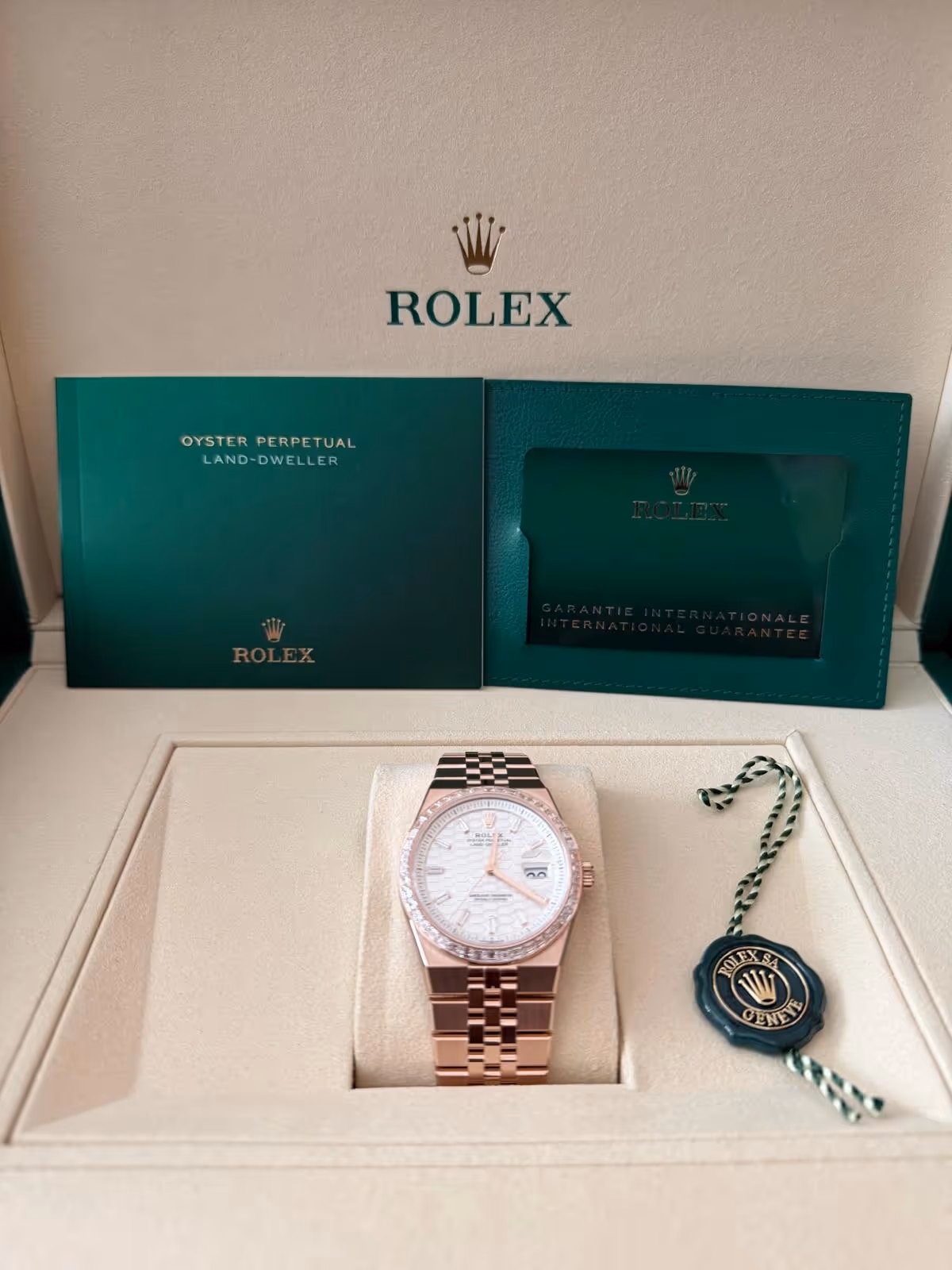 Rolex Land-Dweller 36, 127285TBR,  Everose Gold Diamond Bezel Honeycomb Dial - Full Set