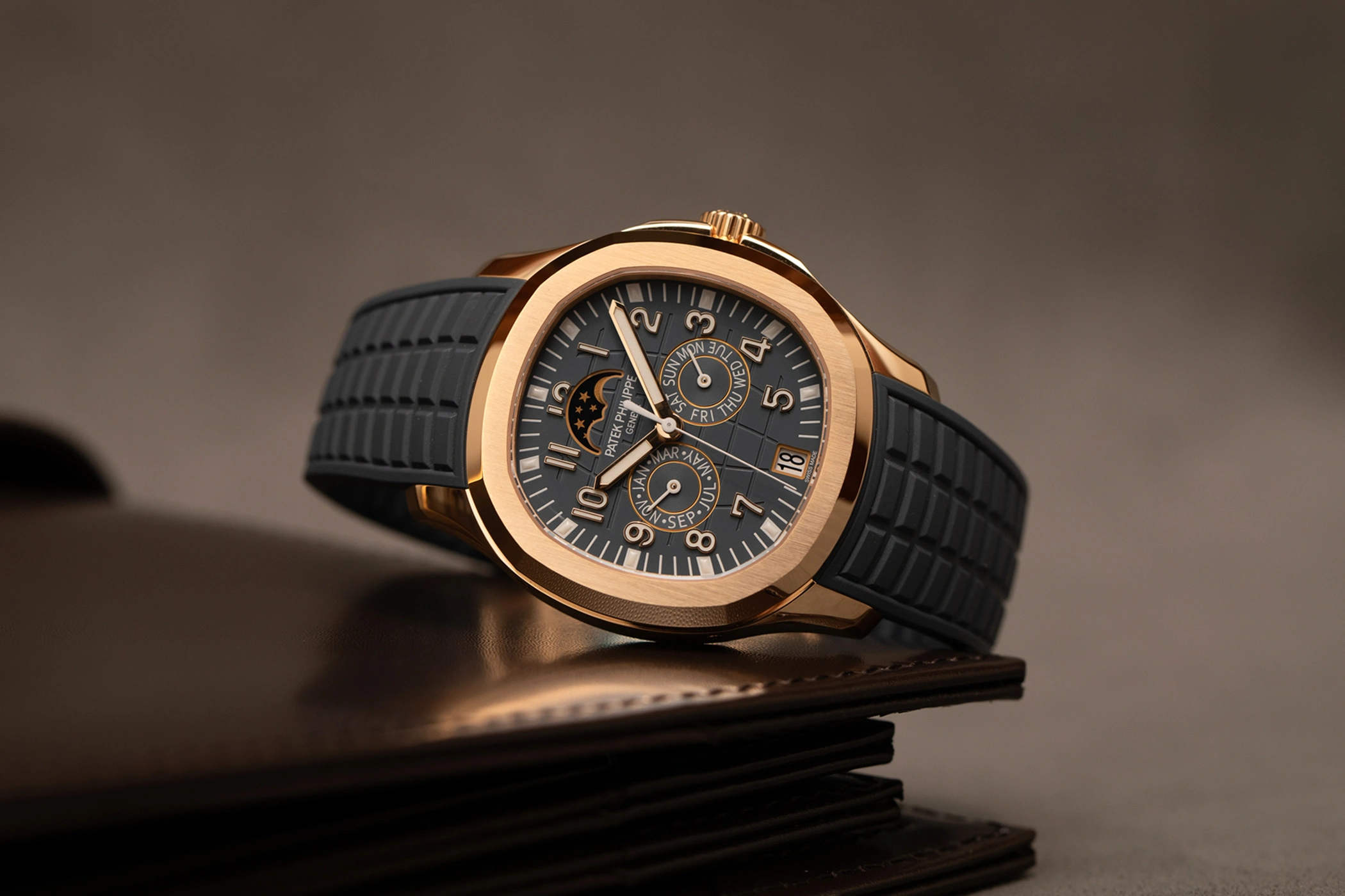 Patek Philippe Aquanaut Luce 5261R rose gold watch featuring a blue-gray dial and annual calendar complication.