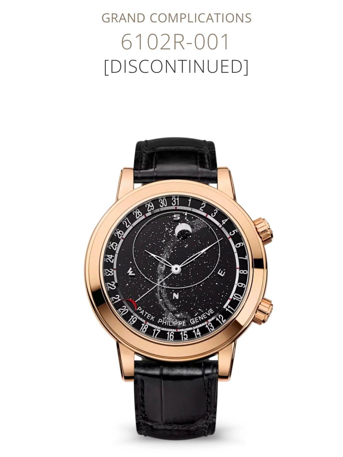 Patek Philippe website capture of Ref. 6102R-001 Celestial in rose gold with a black sapphire sky chart dial, marked "[DISCONTINUED]".