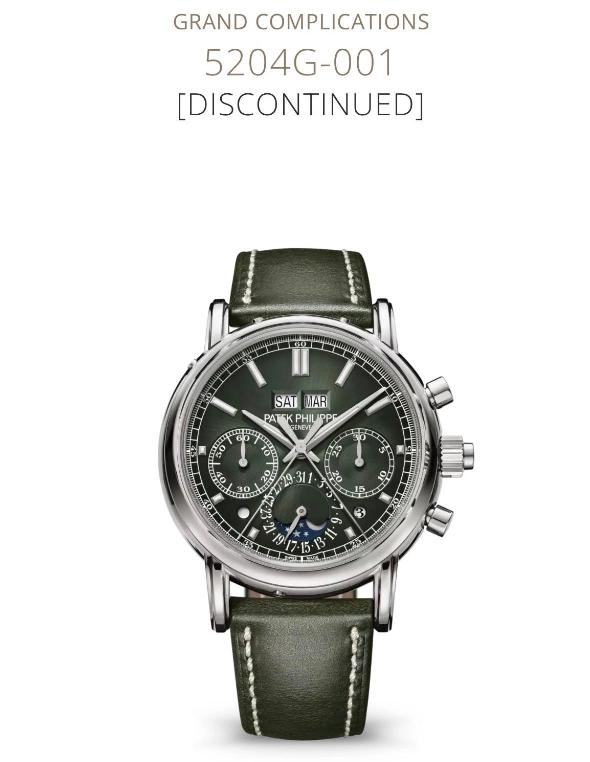 Patek Philippe website listing for Ref. 5204G-001 in white gold with an olive green sunburst dial, marked as "[DISCONTINUED]".