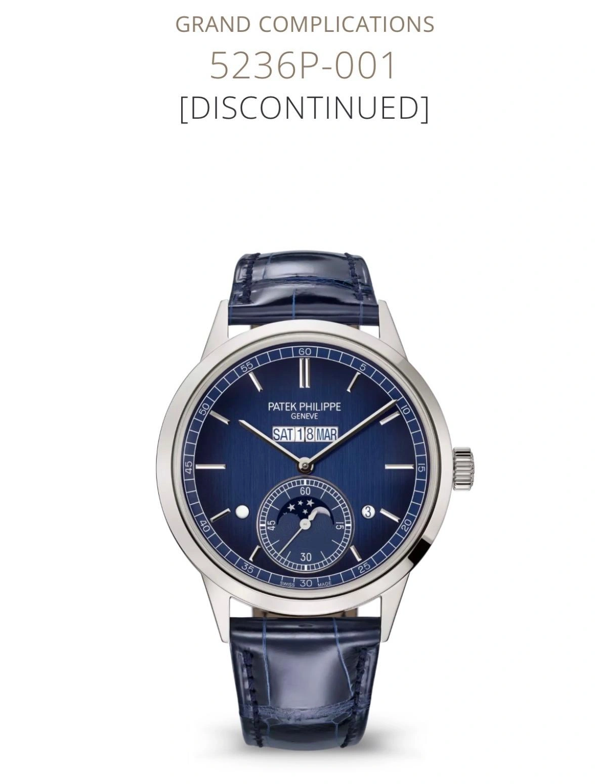 Screenshot of Patek Philippe 5236P-001 in platinum with a blue gradient dial, featuring an in-line calendar display and labeled "[DISCONTINUED]".