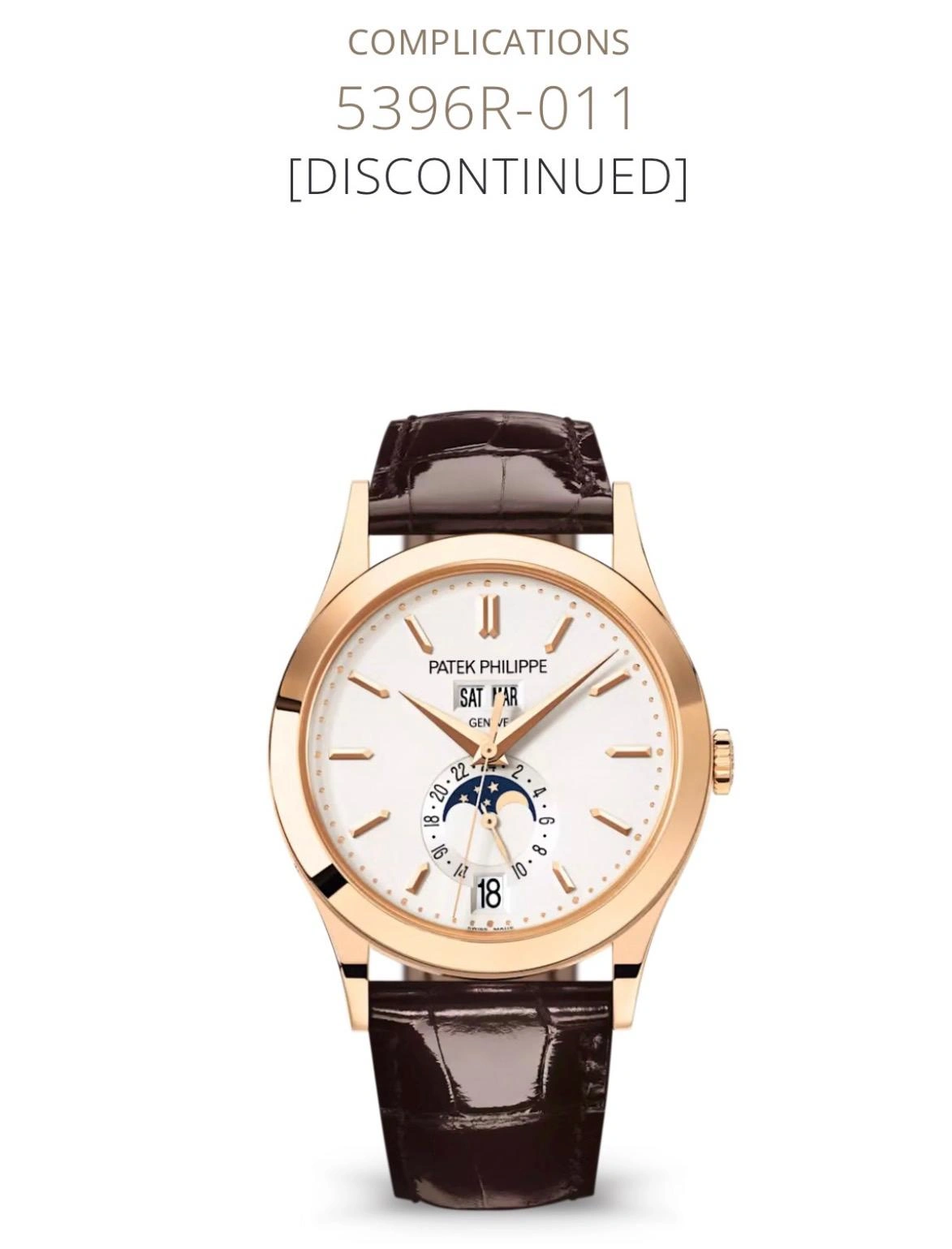 Patek Philippe website capture of Ref. 5396R-011 Annual Calendar in rose gold with a silvery opaline dial, labeled "[DISCONTINUED]".