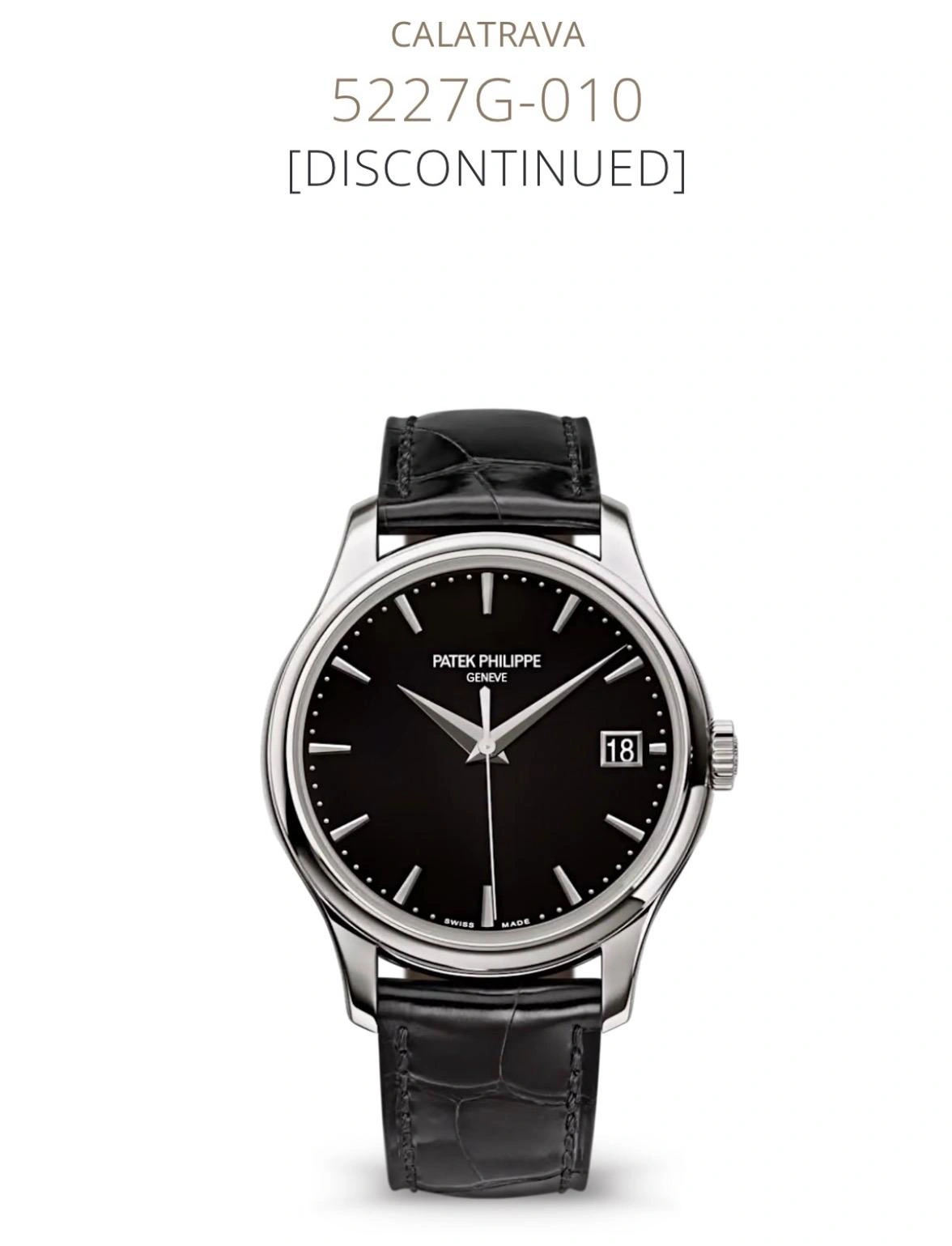 Capture of Ref. 5227G-010 Calatrava in white gold with a black lacquered dial and officer’s case back, marked "[DISCONTINUED]".