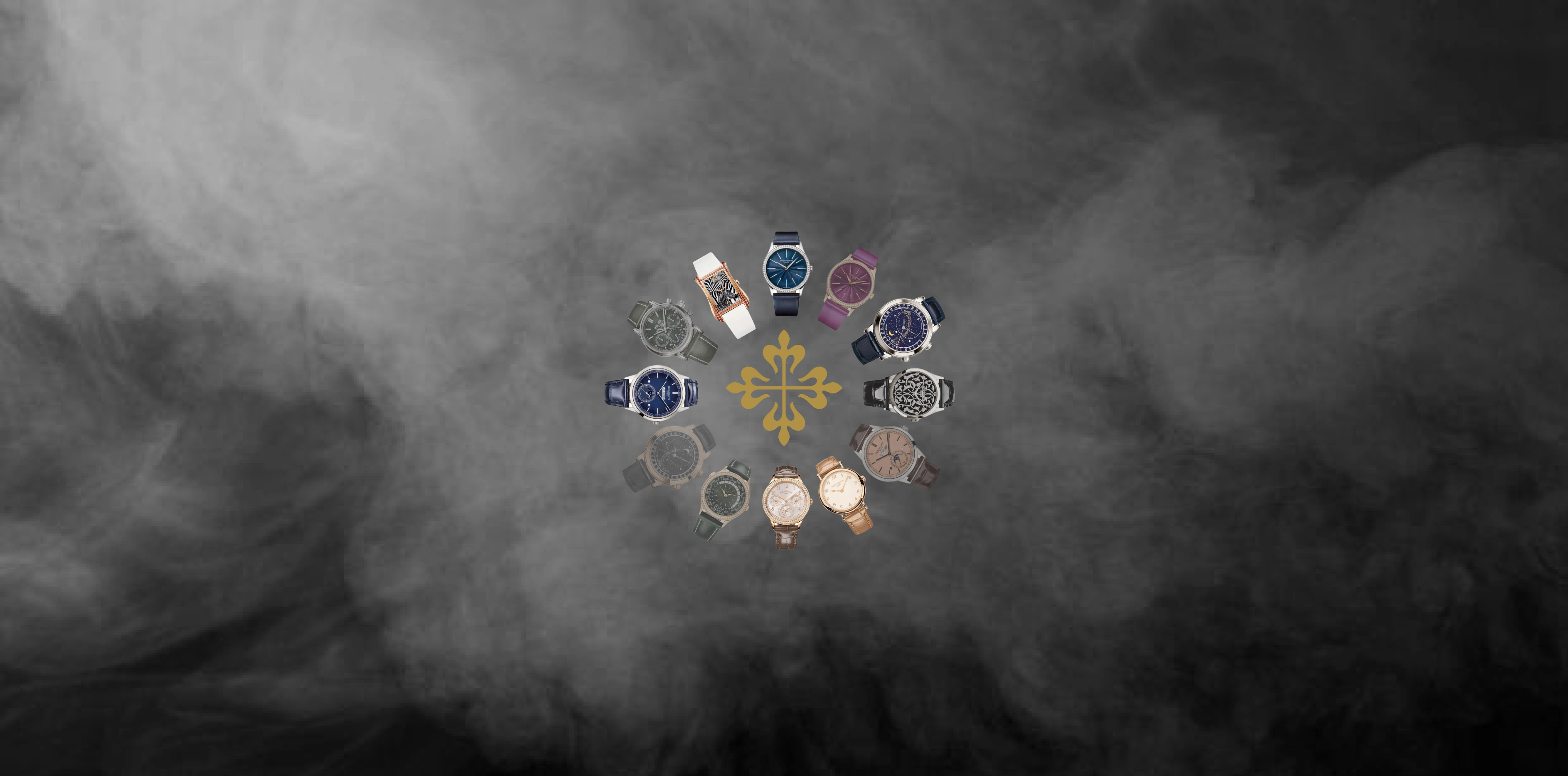 A circular arrangement of 12 Patek Philippe references from the 2026 discontinuation list, including the 5236P and 5204G, with varying levels of transparency to simulate a clock face "phasing out".