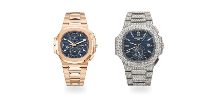 Featured: Patek Philippe Nautilus Chronograph Ref. 5990/1R-001 (Left), Patek Philippe Diamond-Set Nautilus Chronograph Ref. 5976/1G-001 (Right) 