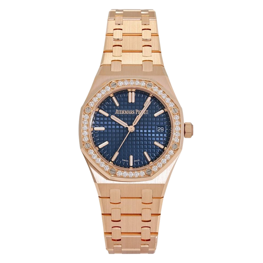 Studio product photo of the Audemars Piguet Royal Oak in pink gold with diamond bezel and blue dial, on a plain background