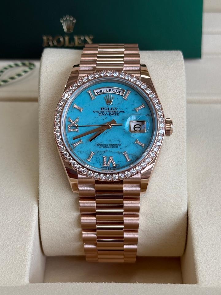 Rolex Day-Date 36 Everose Gold Turquoise Diamond Roman Dial, Ref. 128345RBR-0064