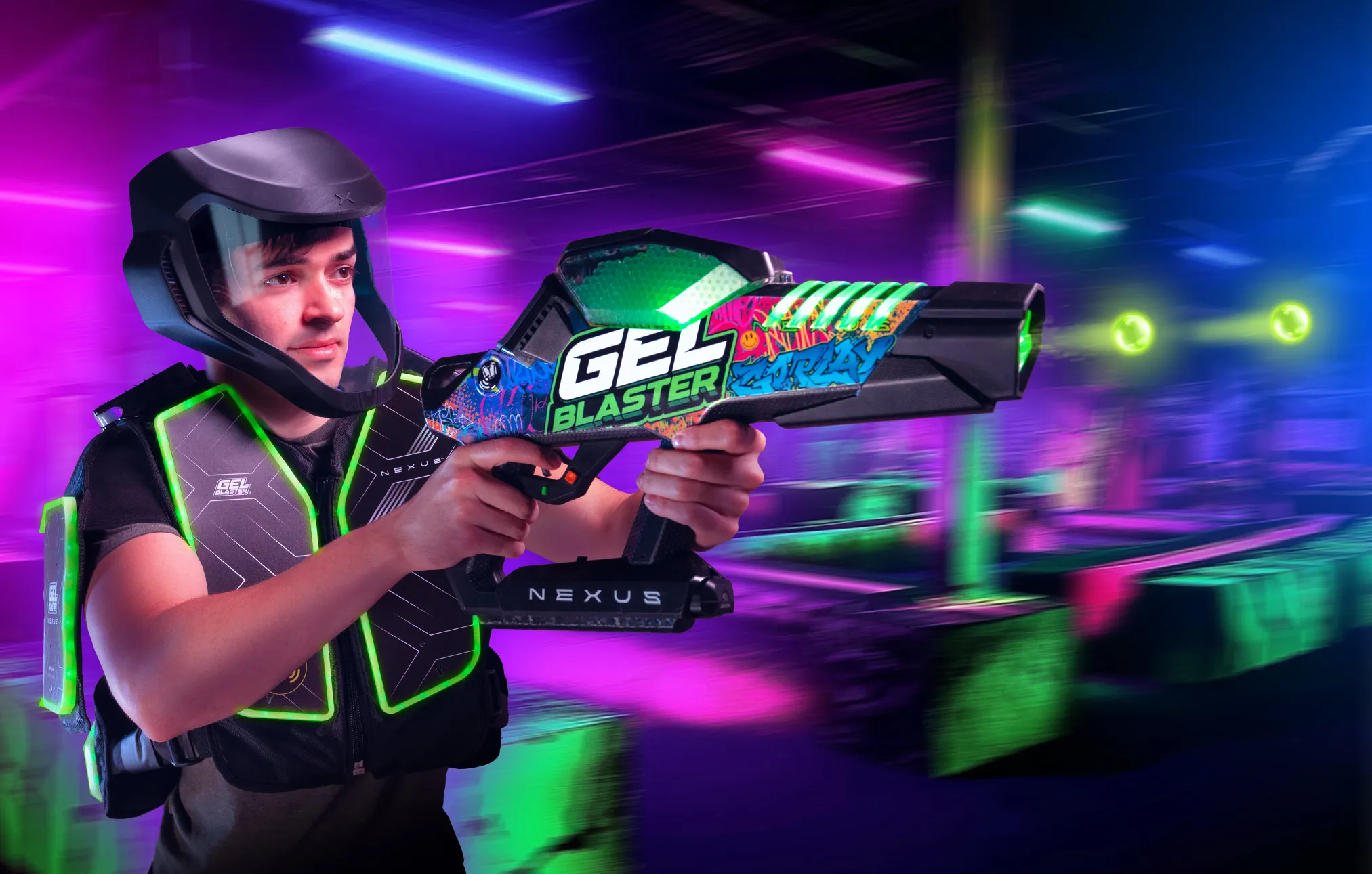 Player aiming a Gel Blaster in a colorful illuminated arena