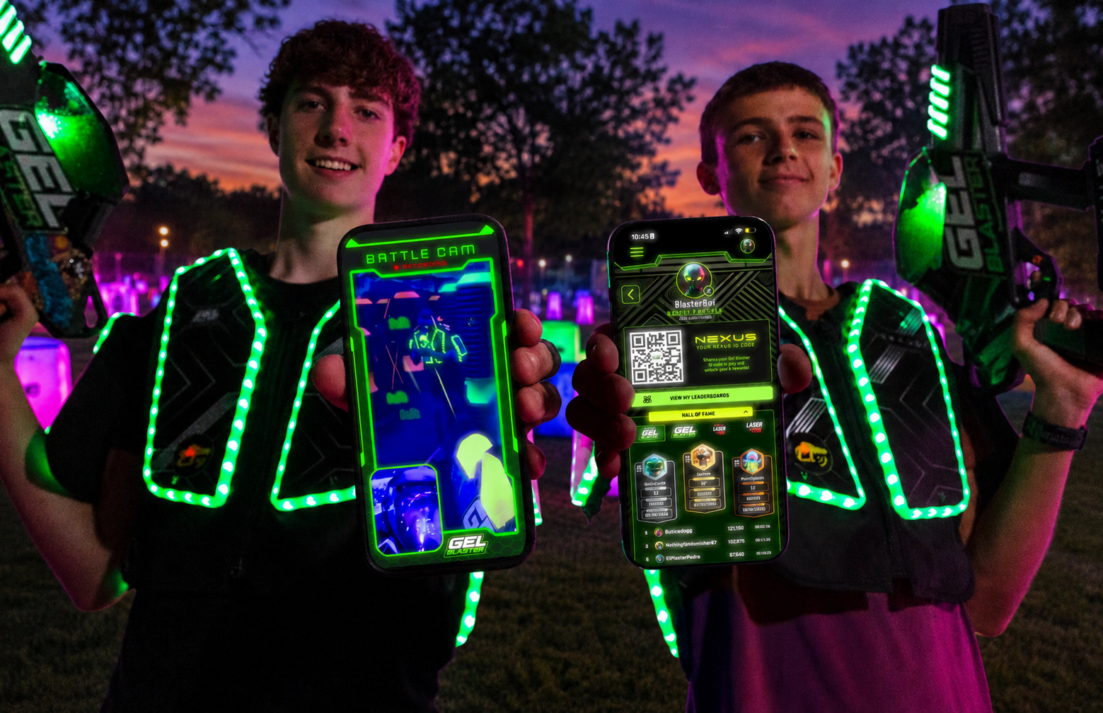 Two Gel Blaster Freedom Fun USA Nexus players show connected player profiles and scoring on mobile devices.