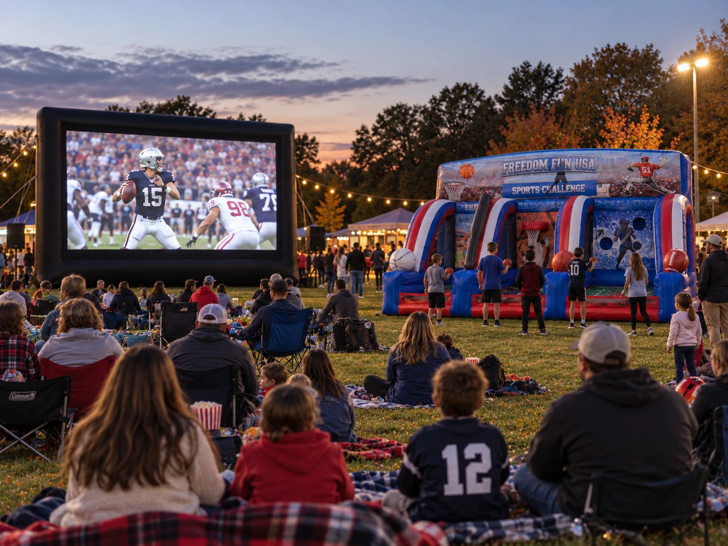 Family and friends watching the game on a giant Freedom Fun outdoor screen