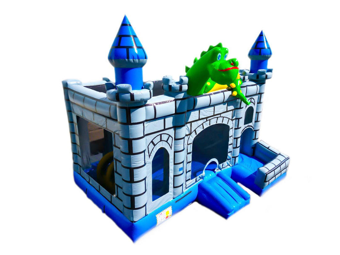 Angle view of a dragon-themed inflatable bounce house and slide combo, designed like a medieval castle with blue turrets and a happy green dragon on top, set against a white background - combo and bounce house rentals in Austin, Texas