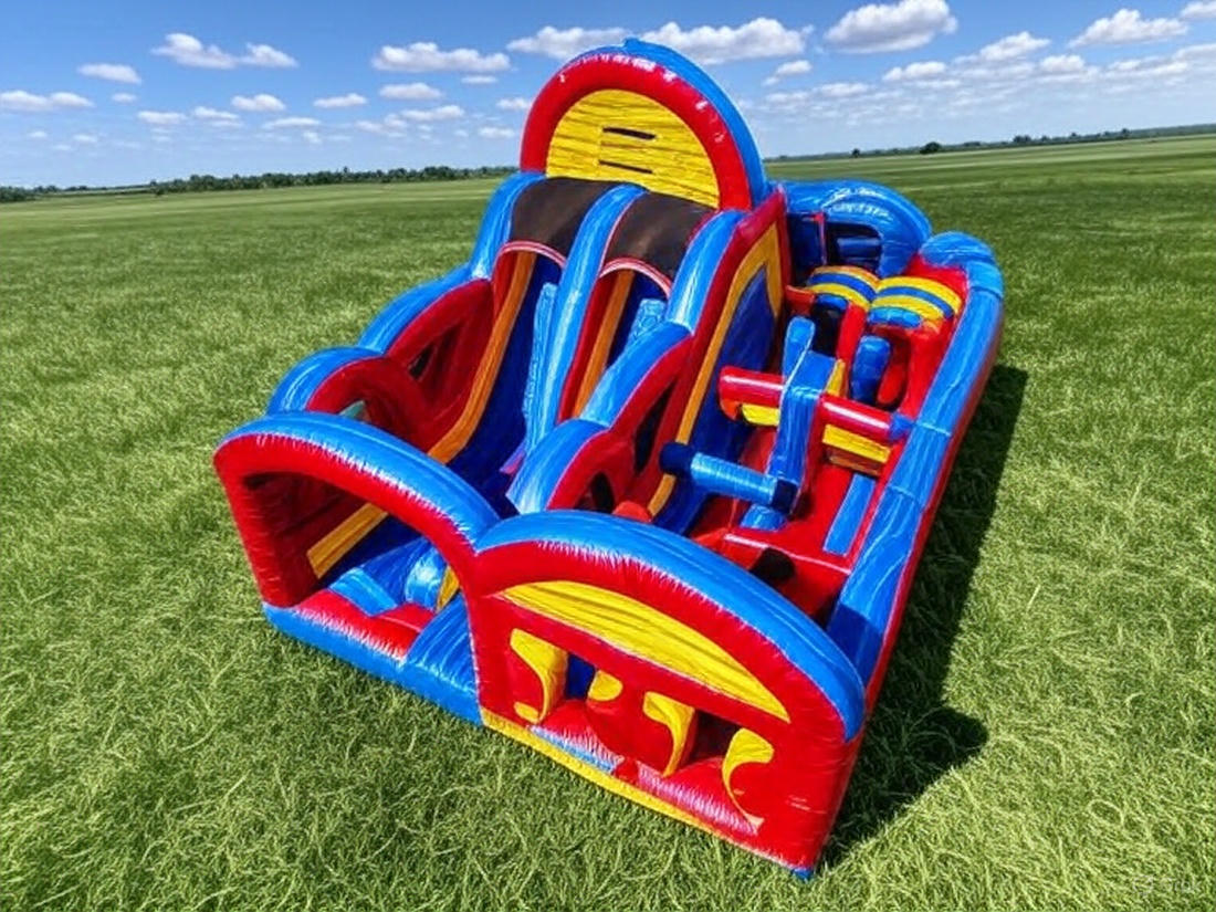Colorful inflatable obstacle course with dual lane slide and climbing features set up on a wide open grassy field under blue skies at Freedom Fun USA in Waco, Temple, Killeen.