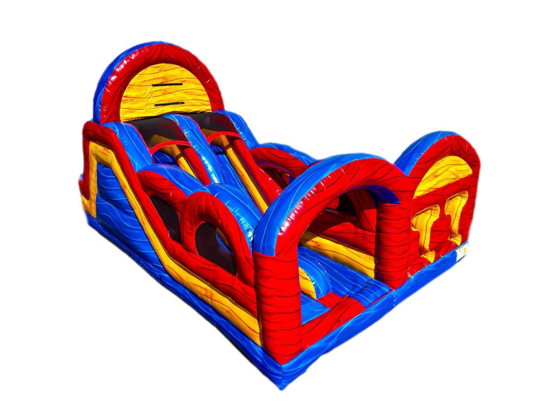 Bright red, yellow, and blue inflatable obstacle course rental by Freedom Fun USA with dual slide and tunnel features, perfect for kids parties and events. Available at Waco, Temple, Killeen store.