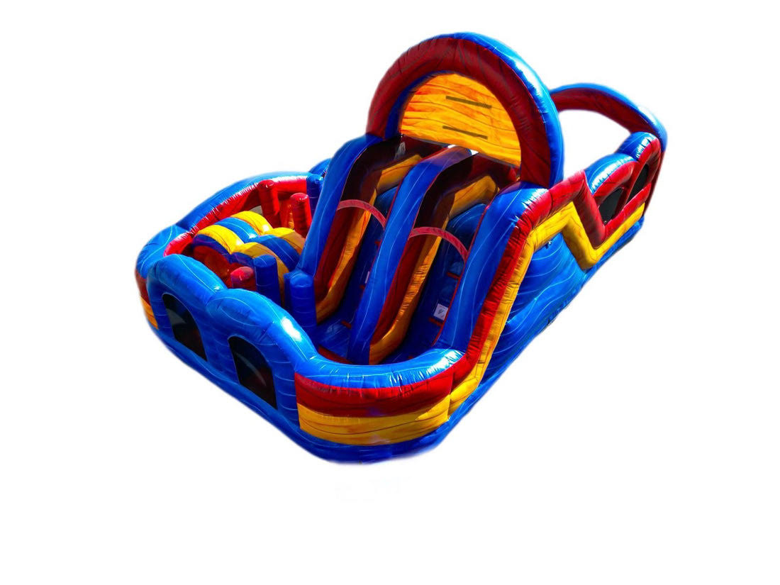 Rear view of Freedom Fun USA inflatable obstacle course rental in Waco, Temple, and Killeen, featuring bright red, yellow, and blue colors, dual slide, and tunnels — perfect for kids’ parties and events
