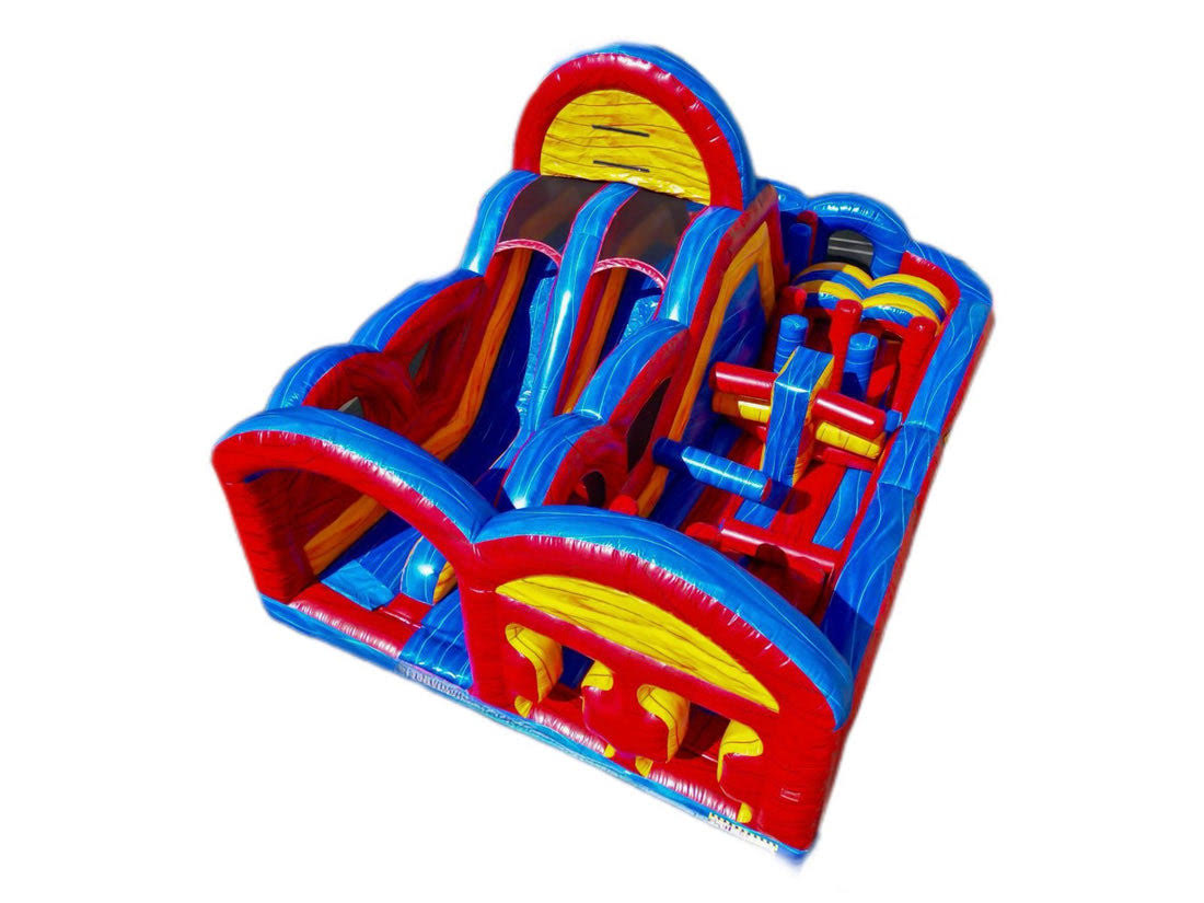 Inflatable obstacle course rental with dual slides and tunnels available in Waco, Temple, and Killeen, Texas for parties and events.