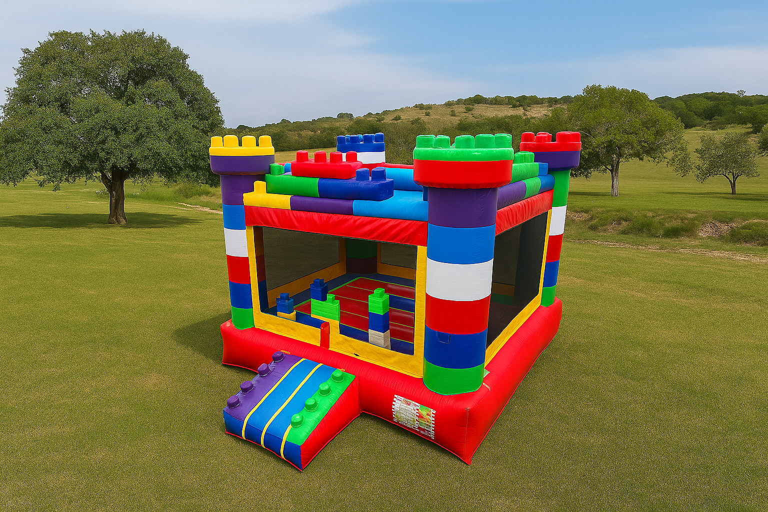 A vibrant inflatable bounce house castle with red, blue, yellow, green, and purple block-like towers, perfect for kids' parties, available at Freedom Fun USA in Waco, Temple, and Killeen, Texas, set on a lush grassy field with trees and hills under a clear sky.
