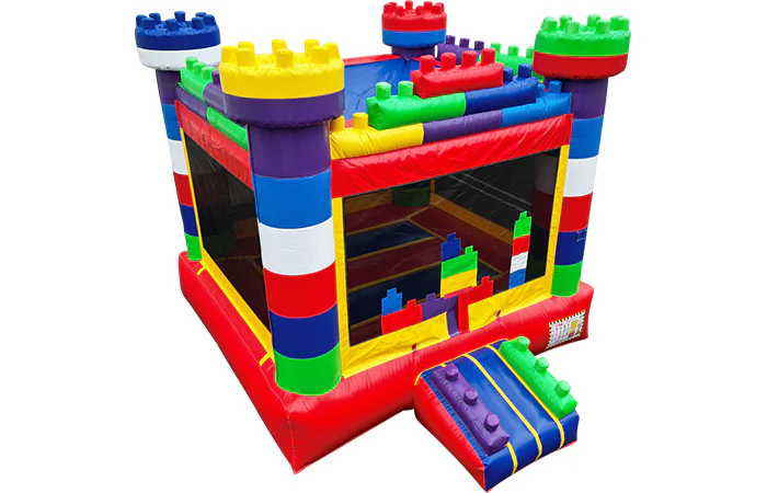 Block Party bounce house at Freedom Fun USA store in Waco, Temple, Killeen, Texas. The sky is blue and is set on a Texas hill country park. 