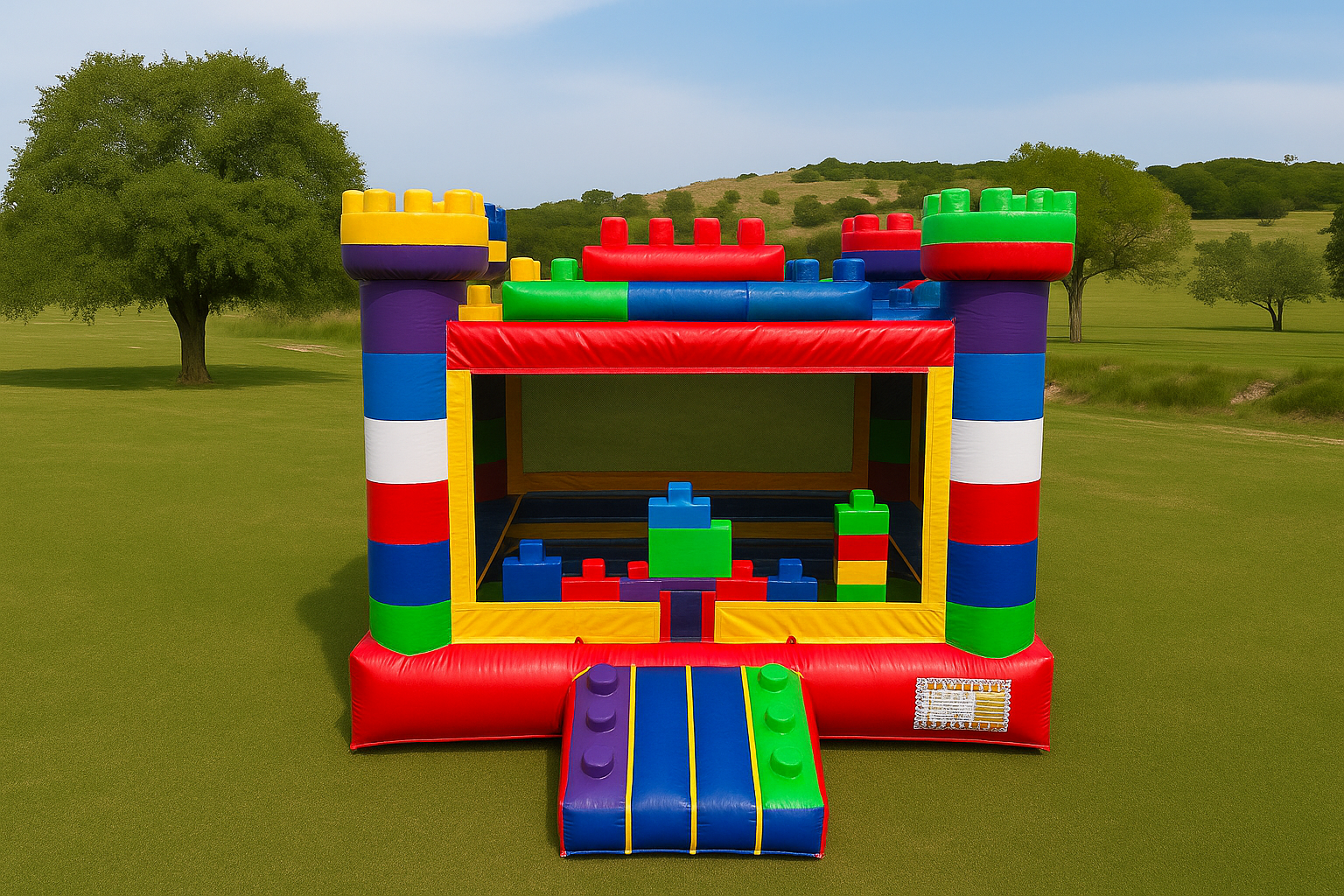 Colorful brick-themed inflatable bounce house set up in a sunny Texas Hill Country park with green grass, trees, and blue sky in the background – perfect for kids' parties and outdoor events. This is at our Freedom Fun USA Waco, Temple, Killeen store
