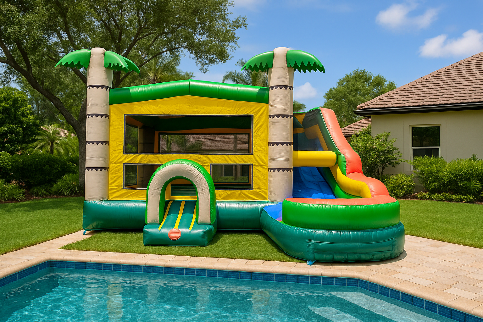 Tropical-themed inflatable bounce house with slide rental set up beside a pool, available nationwide from Freedom Fun USA