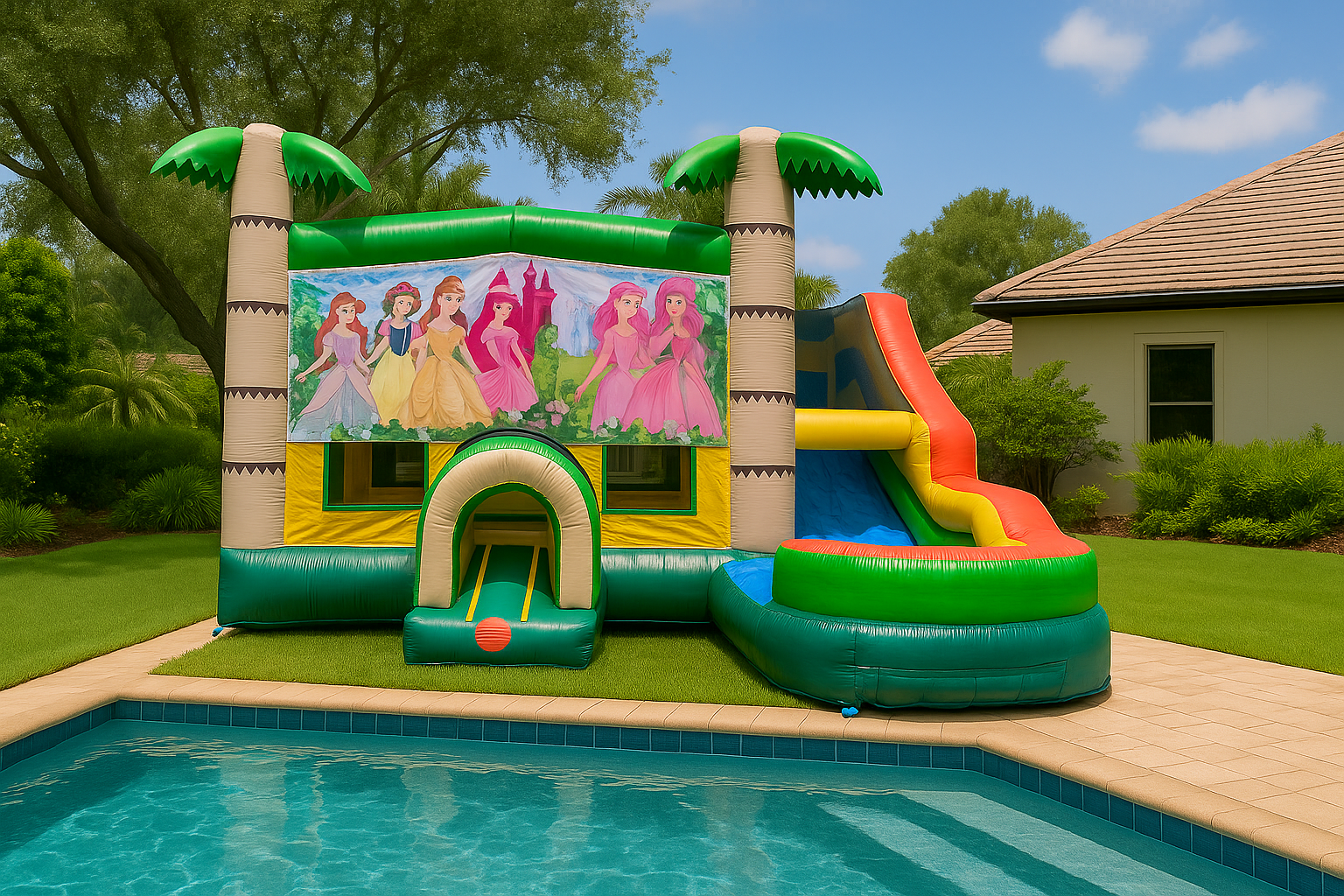 Princess bounce house combo with slide and tropical palm design, delivered by Freedom Fun USA to parties across the United States