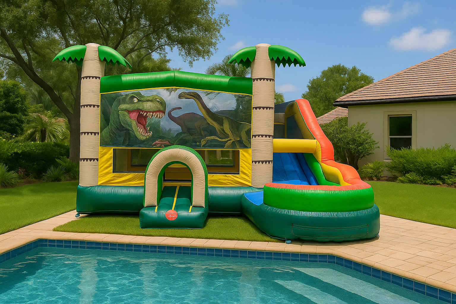 Dinosaur-themed inflatable combo with slide and palm tree accents, available for rental nationwide through Freedom Fun USA