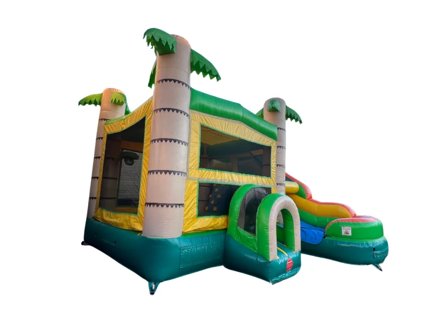 Side-angle view of Freedom Fun USA’s tropical combo bounce house with slide, perfect for wet or dry use and delivered across the U.S.