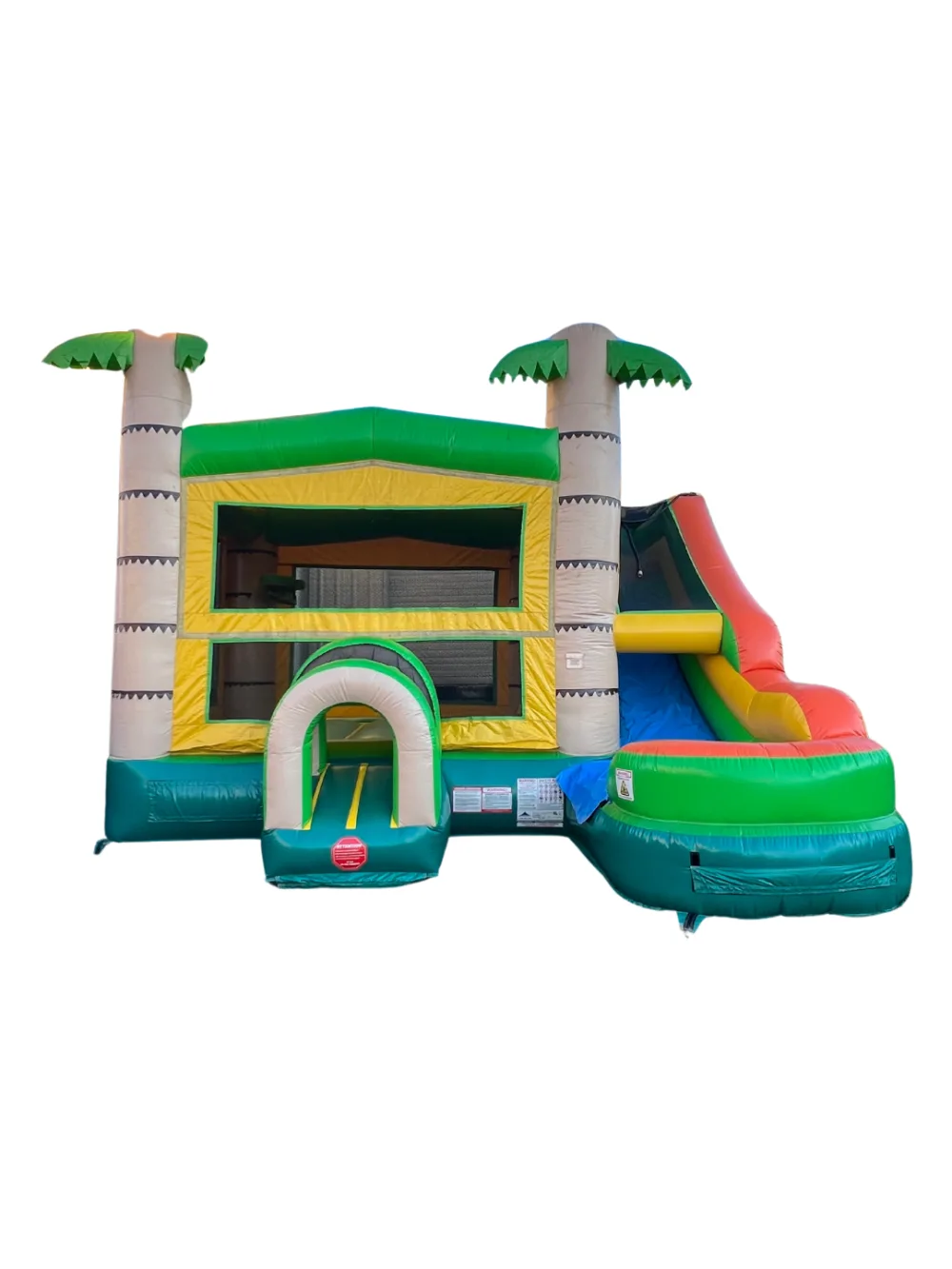 Front view of Freedom Fun USA’s tropical bounce house and slide combo, featuring palm tree design and nationwide delivery availability