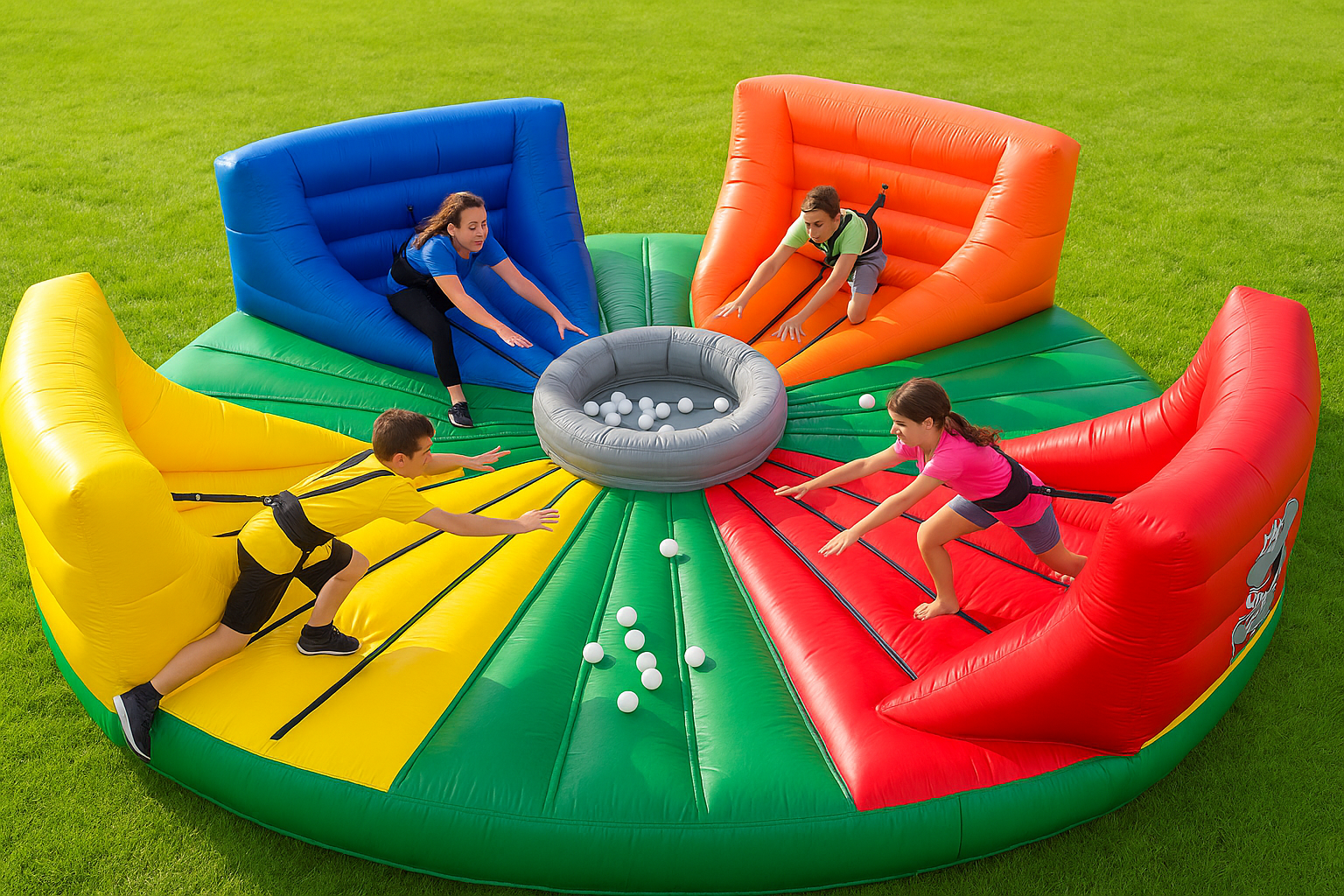 4 kids playing on an inflatable hungry hippo game