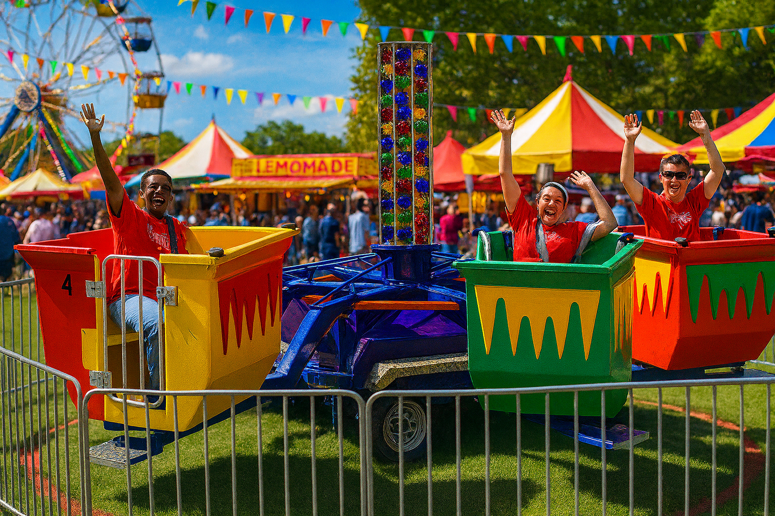 Three carnival staff members in red Freedom Fun shirts ride a colorful spinning carnival ride with arms raised and smiling faces. The ride features bright red, yellow, green, and orange bucket seats against a vibrant backdrop of tents, flags, and a Ferris wheel at a busy outdoor fair.