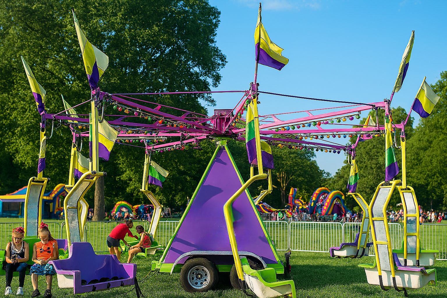 A vibrant Twister swing carnival ride sits on a grassy field during a sunny day. The ride features purple, yellow, and green accents with colorful flags and string lights overhead. Children are seated in swing chairs, and the background shows inflatable attractions, trees, and a crowd enjoying a community festival.