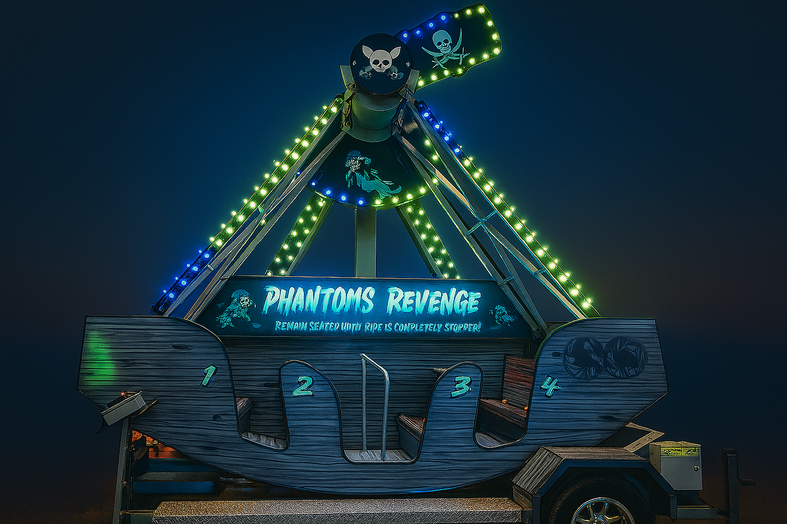 The Phantom’s Revenge carnival ride sits on a wide grassy field under a clear blue sky, with kids laughing and holding on as the pirate-themed swing ride tilts into action. The ride is decorated with purple lights and skull-and-crossbones flags, creating a playful and spooky atmosphere. A tree line borders the open field in the background.