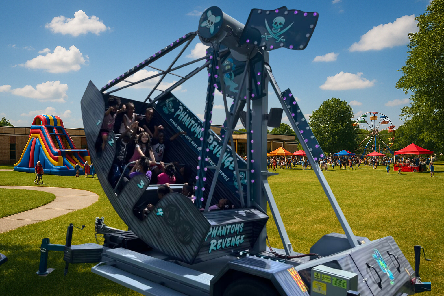 A vibrant school festival scene on a sunny day features the "Phantom’s Revenge" carnival ride in the foreground, filled with excited children. In the background, colorful vendor tents, a tall inflatable slide, and a small Ferris wheel attract crowds of families and students across a wide, grassy school field. The joyful atmosphere is enhanced by bright skies, cheerful activity, and a safe, organized layout ideal for large events.