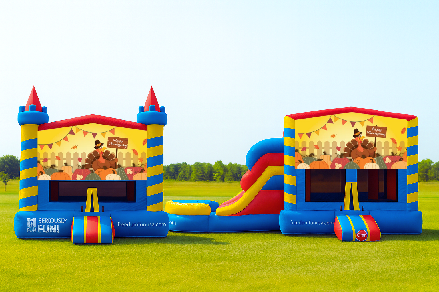 Thanksgiving bounce house banner with harvest theme featuring pumpkins, cornucopia, and autumn leaves