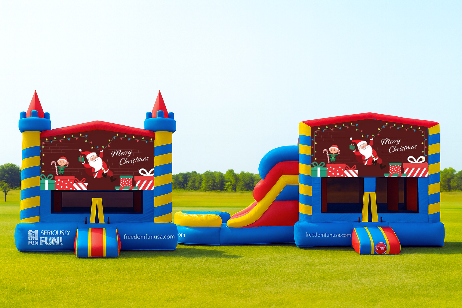 Christmas bounce house banner with Santa, elf, gifts, and festive string lights