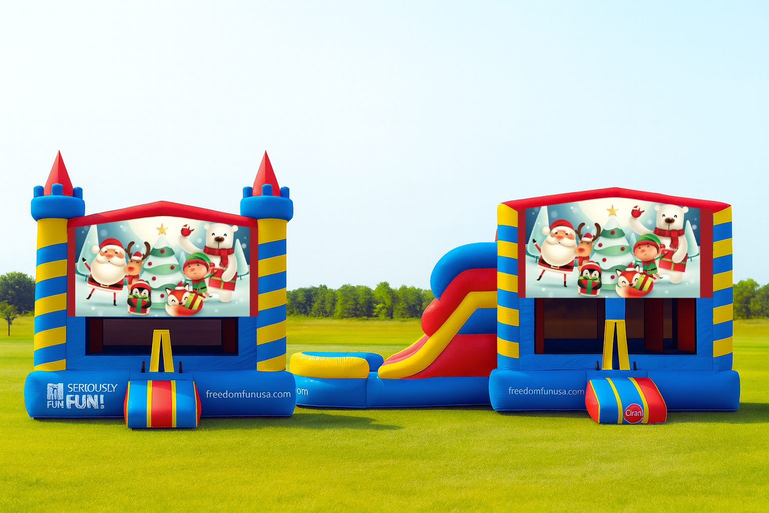 Christmas bounce house banner with Santa, reindeer, polar bear, elf, penguin, fox, and Christmas tree