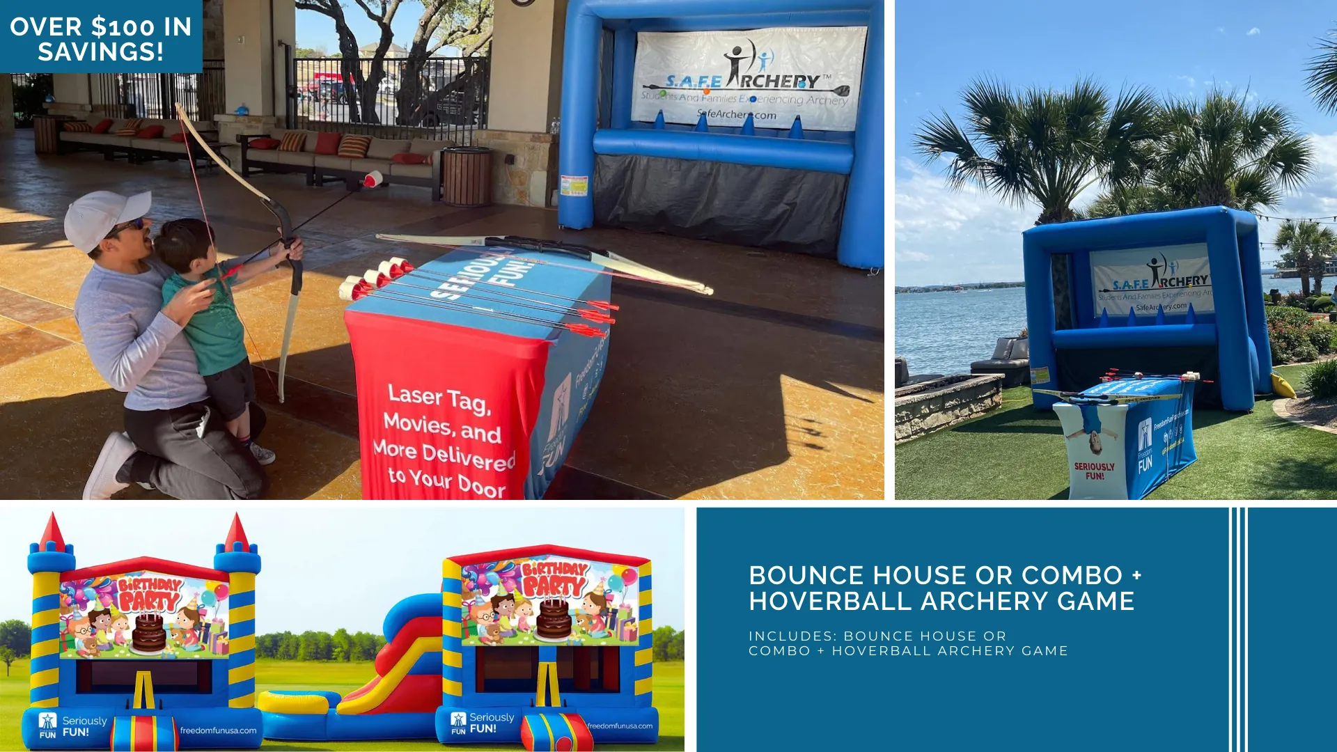 Our small party package for birthdays. Includes a bounce house and hoverball archery game