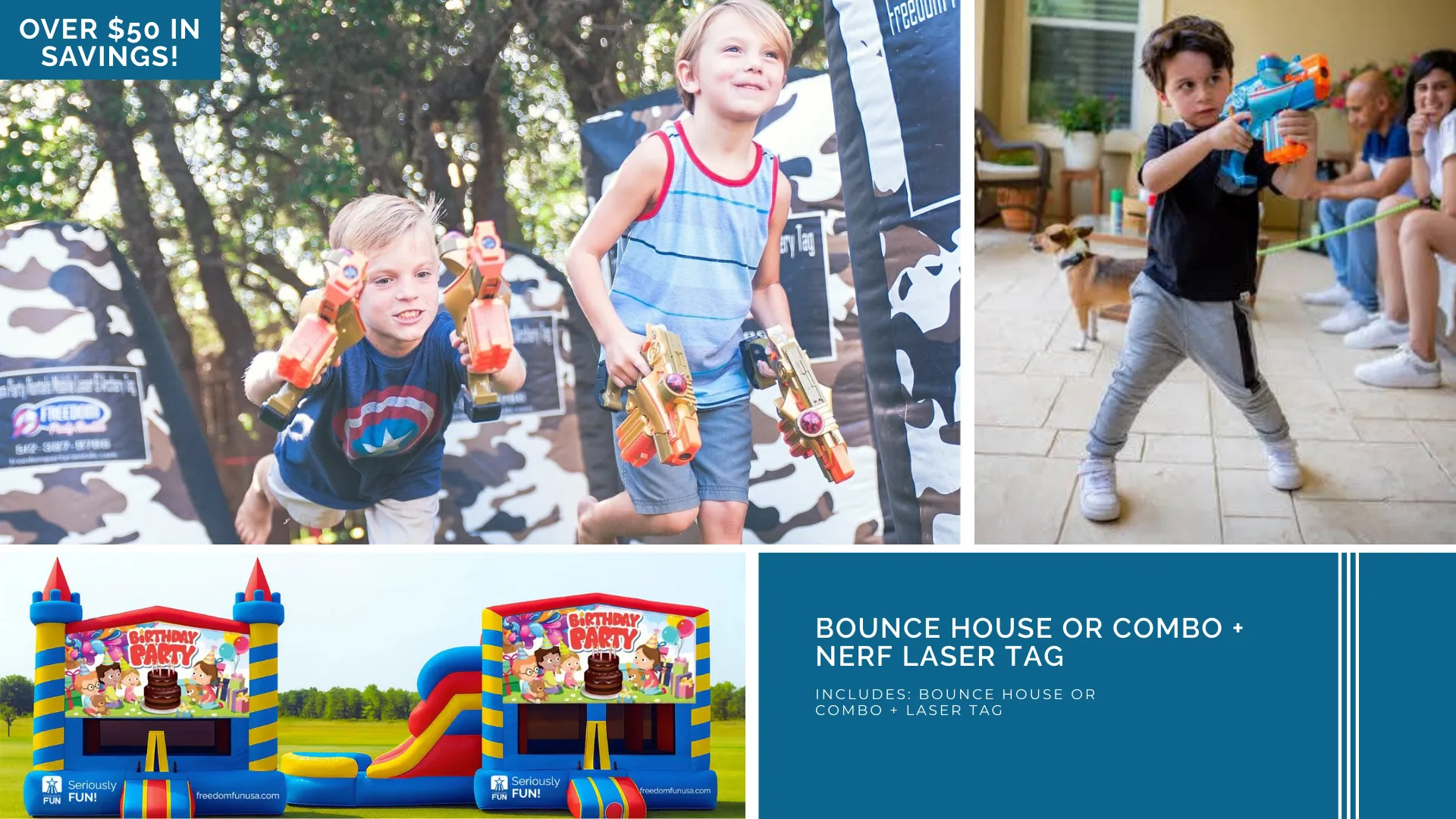 Our small party package for birthdays. Includes a bounce house and laser tag guns.