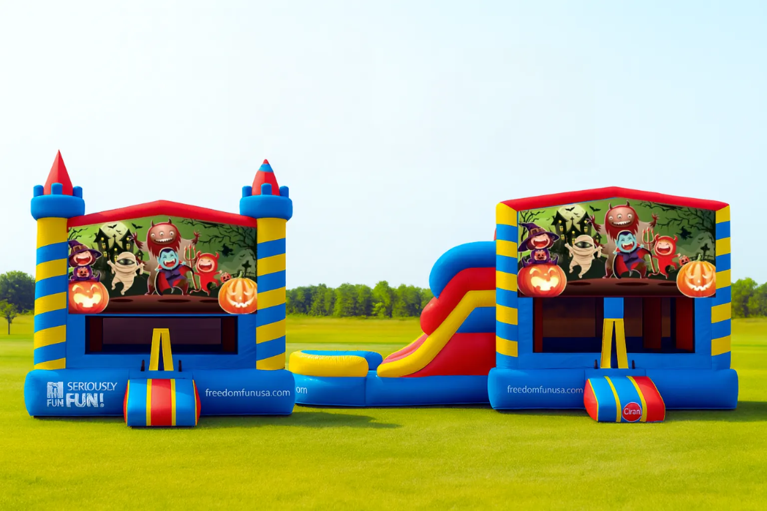 Halloween themed bounce house banner with cartoon monsters, pumpkins, and spooky backdrop
