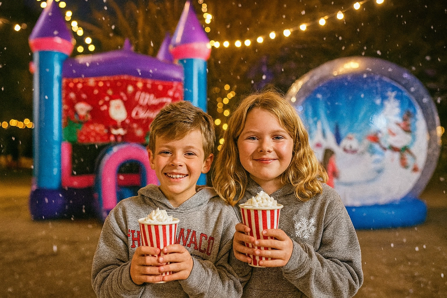 Smiling children holding whipped cream-topped hot cocoa in front of bounce house and snow globe under falling snow.