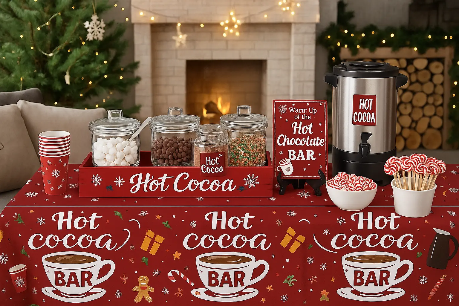 Cozy indoor hot cocoa station with dispenser, jars of toppings, and red "Hot Cocoa Bar" decor by fireplace.