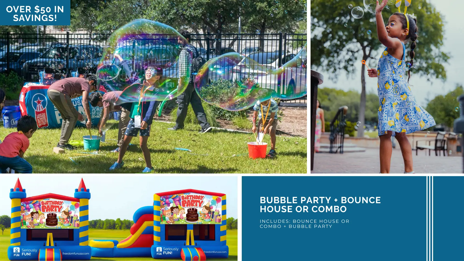 Our small party package for birthdays. Includes a bounce house and bubble party