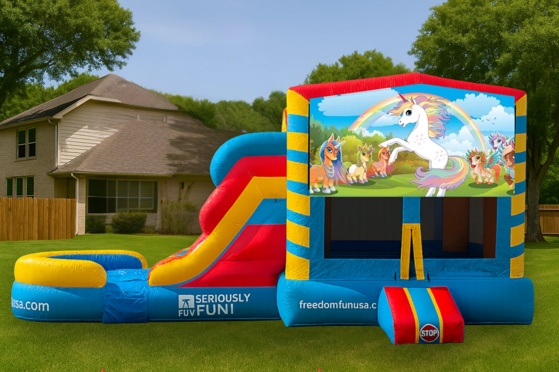 We have combo bouncy house rentals for your next party. Perfect for a bounce house birthday party or school event.