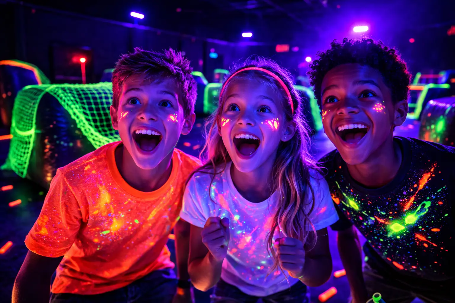 Excited kids smiling and laughing at a glow Nerf battle birthday party with neon green glowing barricades in the background.