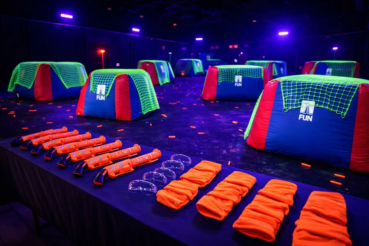 Glow Nerf battle arena set up with UV blacklights and neon green glow-in-the-dark netting over inflatable barricades, ready for a party.