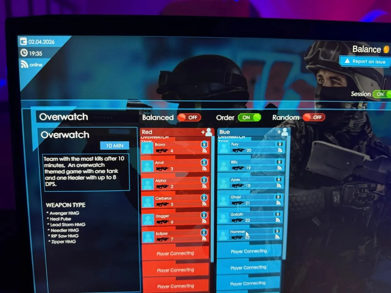 Edge laser tag software dashboard showing Halo-inspired weapon types and live game stats