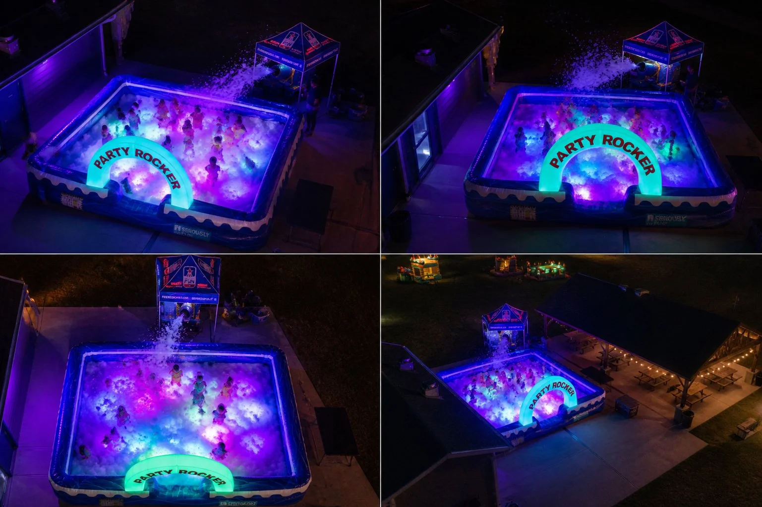 Party Rocker LED foam pit at night in Winston-Salem NC, four angles showing the glowing inflatable foam experience by Freedom Fun USA